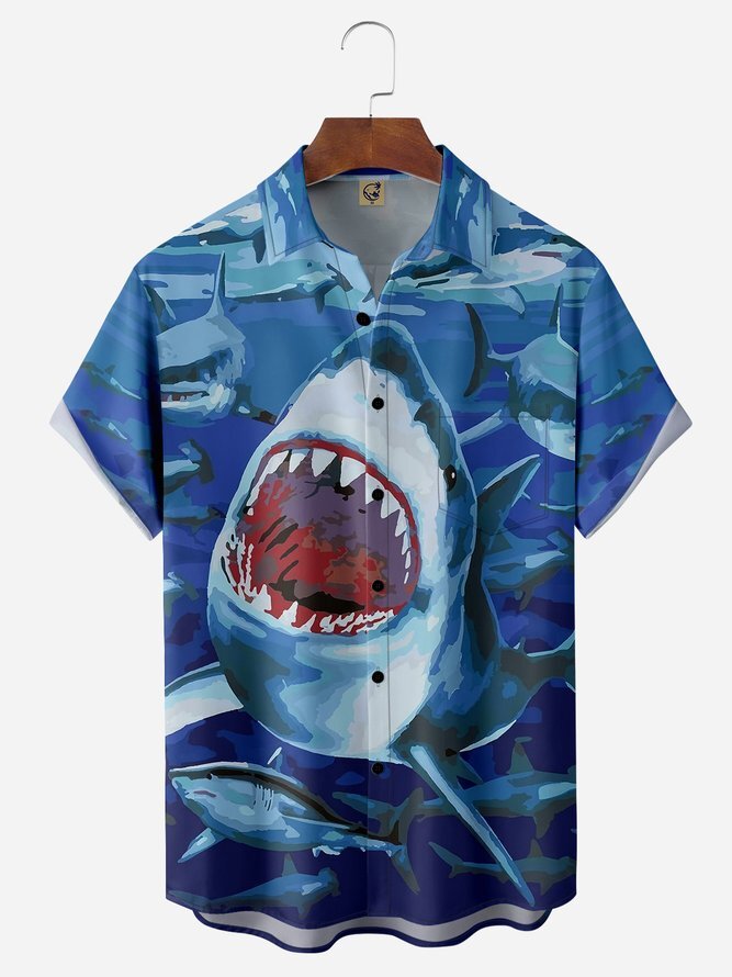 Shark Chest Pocket Short Sleeve Men’s Hawaiian Shirt US Size Summer Style New