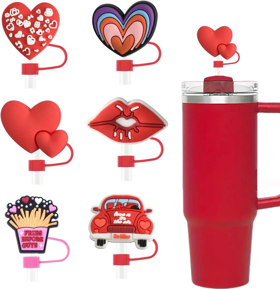 6 Pcs Heart Shape Straw Cover Caps for Stanley Cup, Silicone Straw Tips for Vale
