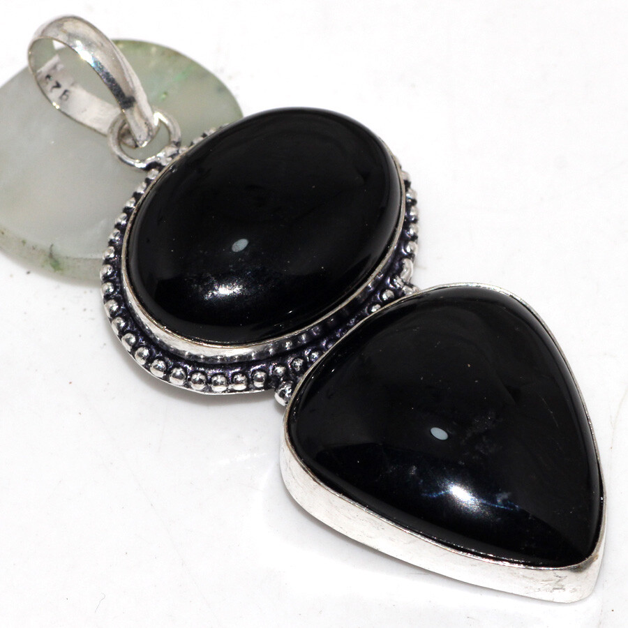 925 Silver Plated Black Onyx Long Ethnic Gemstone Pendant Jewelry 2.5 Inch JW