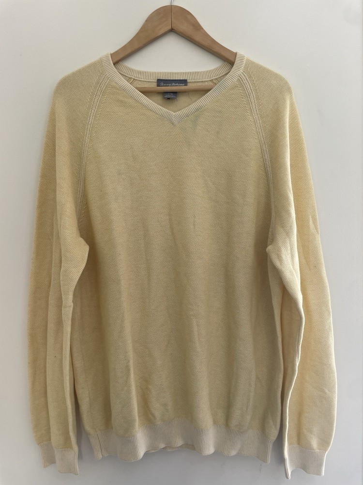 Tommy Bahama Reversible Mens Solid Yellow 100% Pima Cotton Knit V-Neck Sweater L