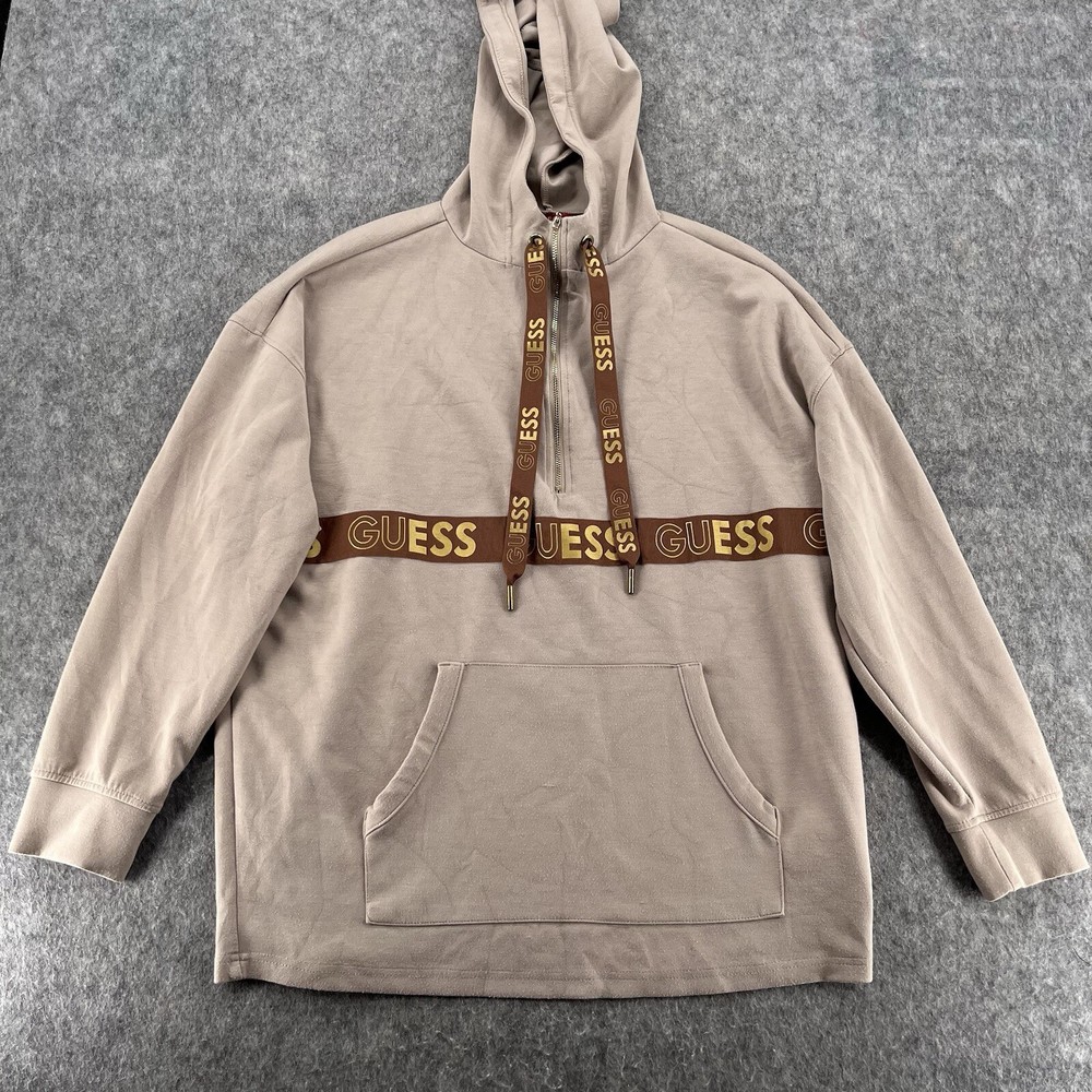 Guess Women's Beige Logo Tape Oversized Hoodie Sweatshirt Size XS