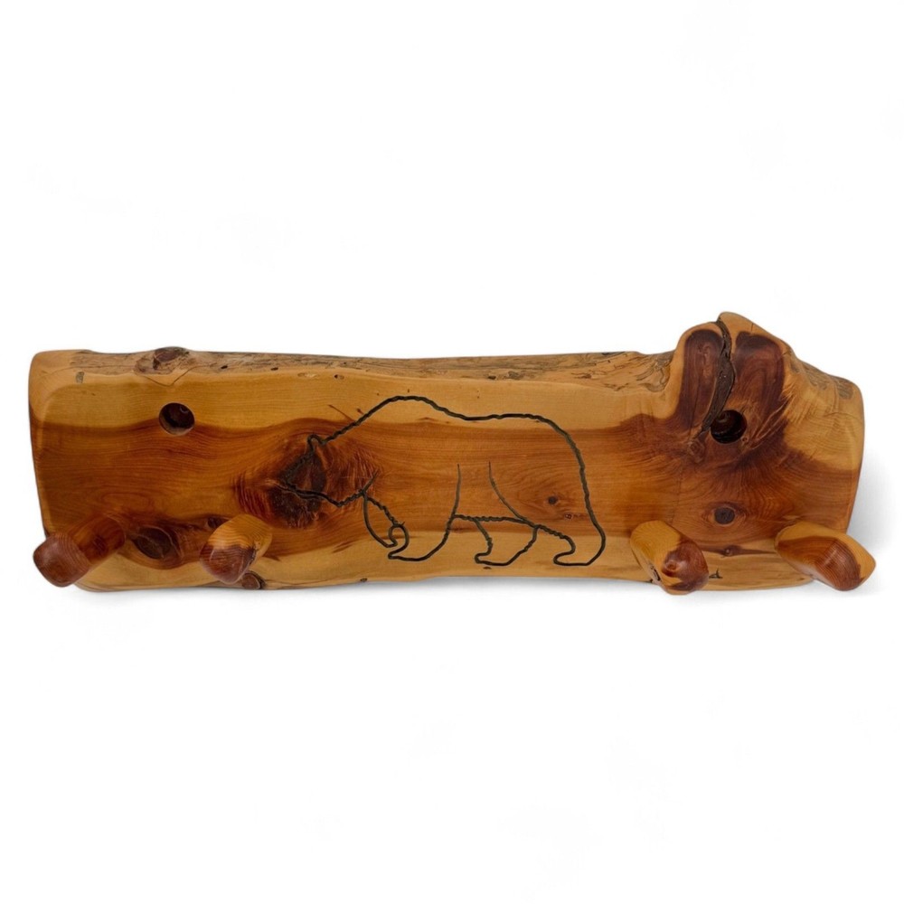Handmade Rustic Live Edge Wood Bear Engraved Coat Hat Rack Signed
