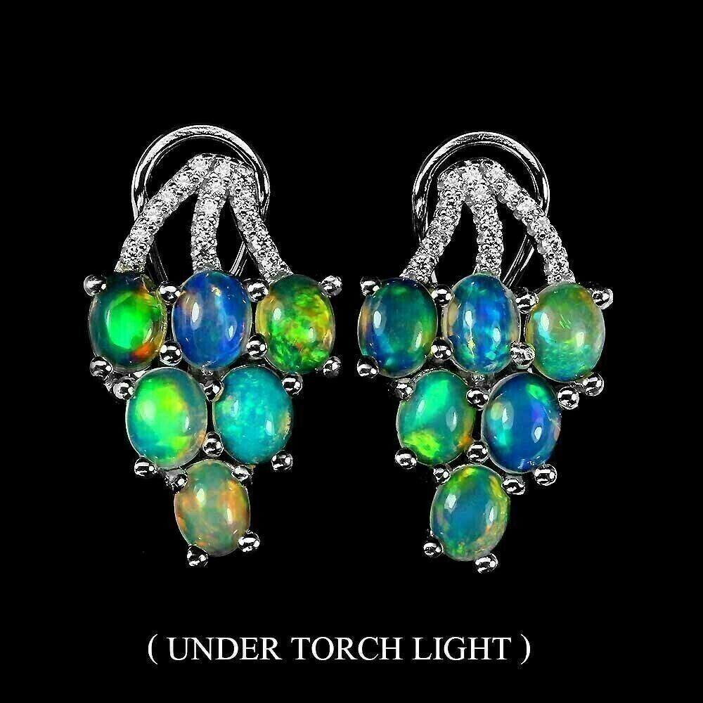 Silver Earrings White Opal Genuine Natural Mined Gems Solid Sterling Stud Design