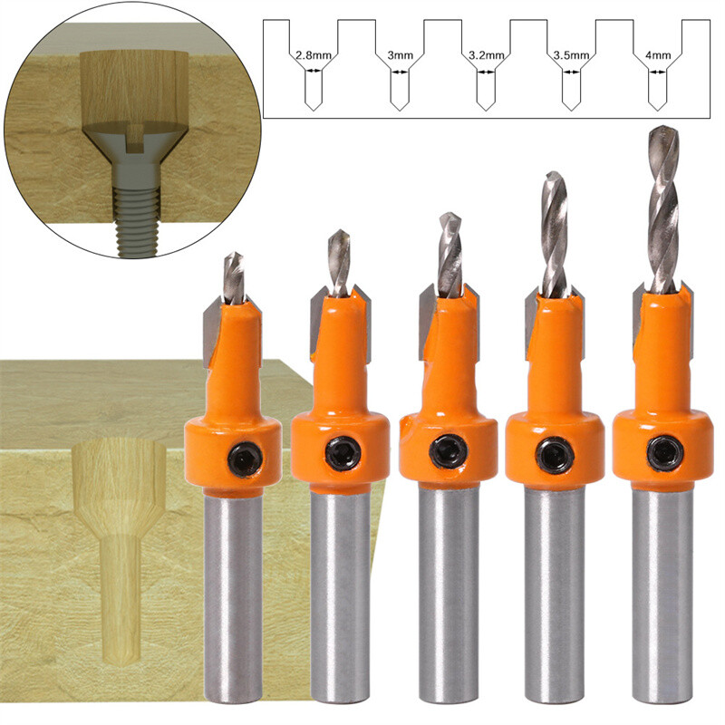 5-Piece 8mm Shank Woodworking Countersink Drill Set with Screw Extractor
