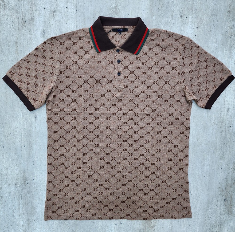 Gucci Men's Brown GG Polo Shirt XL Regular Fit Button Closure