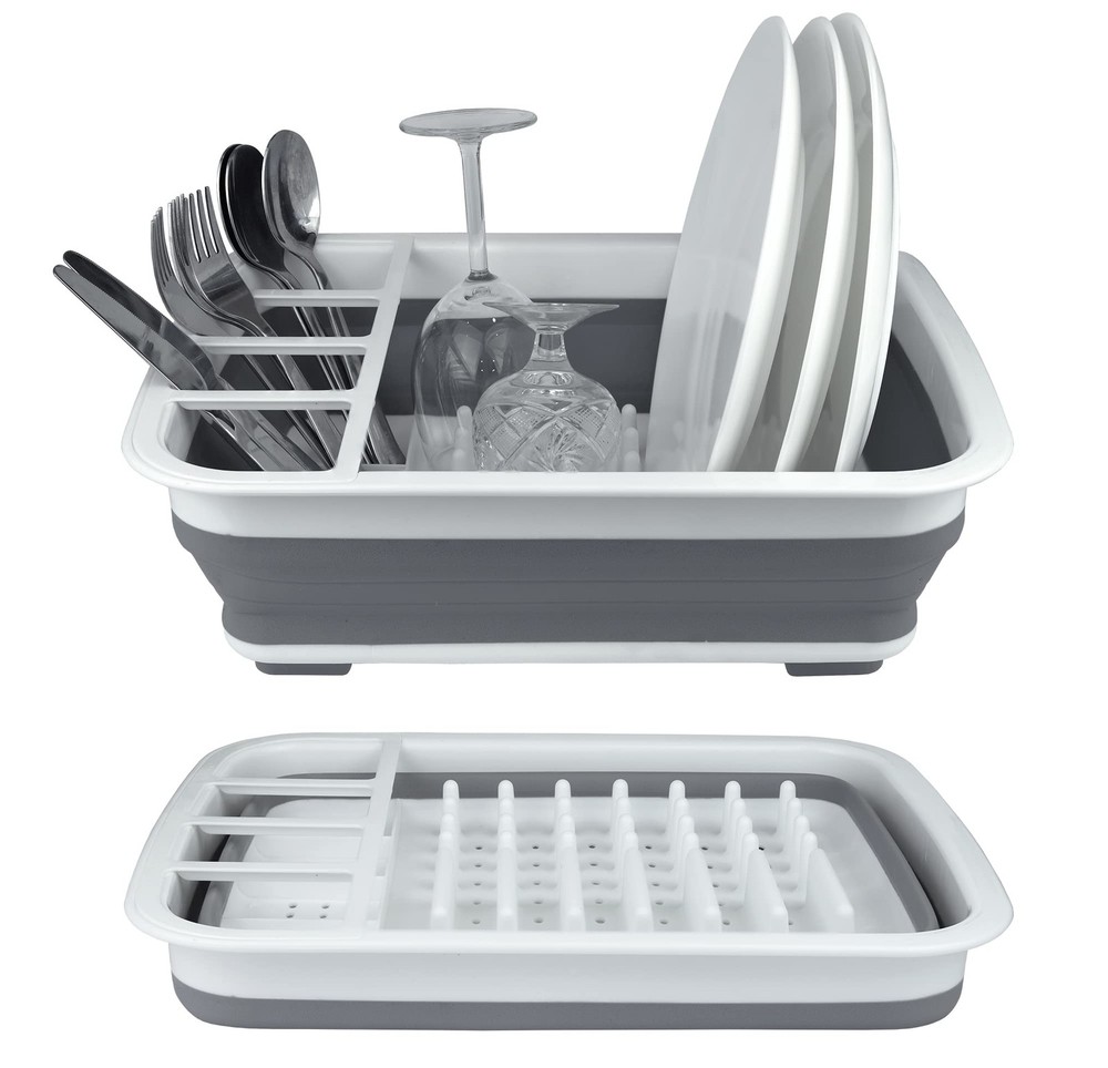 Plastic Collapsible Dish Drying Rack, Foldable Dinnerware Drainer Organizer f...