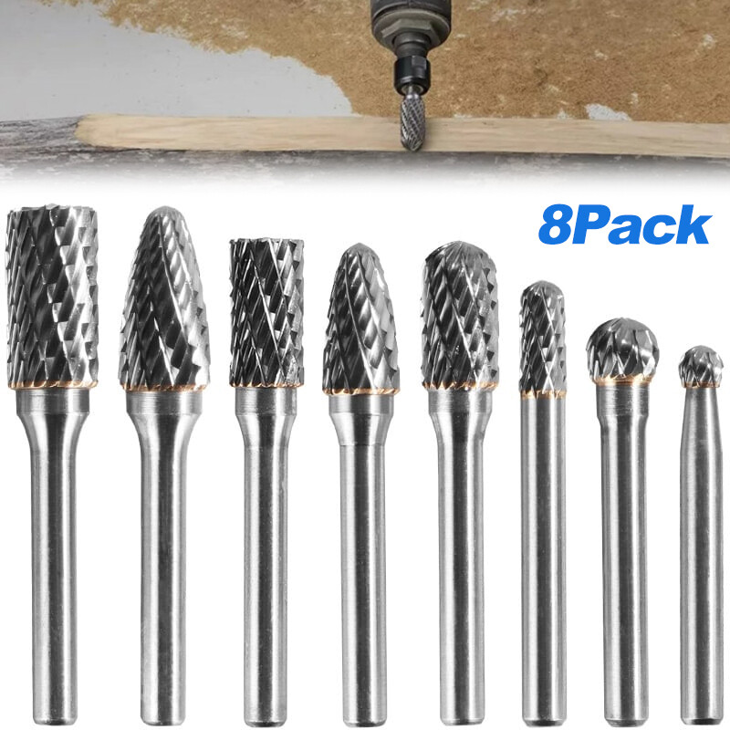 8X Tungsten Carbide Burr Bit Set for Dremel Rotary Tools 1/8 Shank Cutting Carving