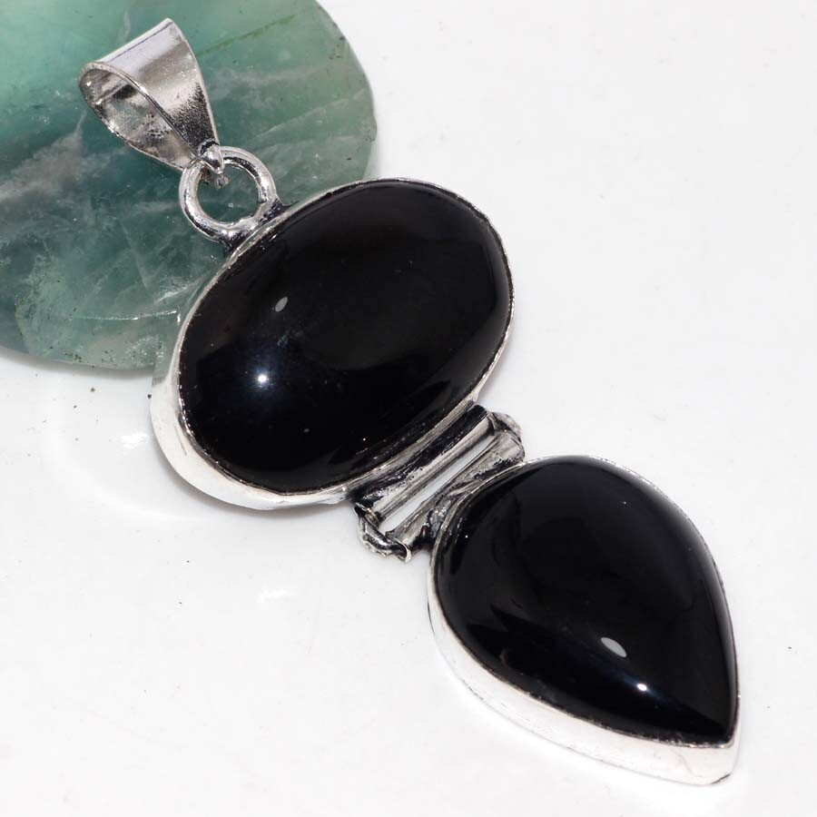 Black Onyx 925 Silver Plated Long Gemstone Pendant 2.3