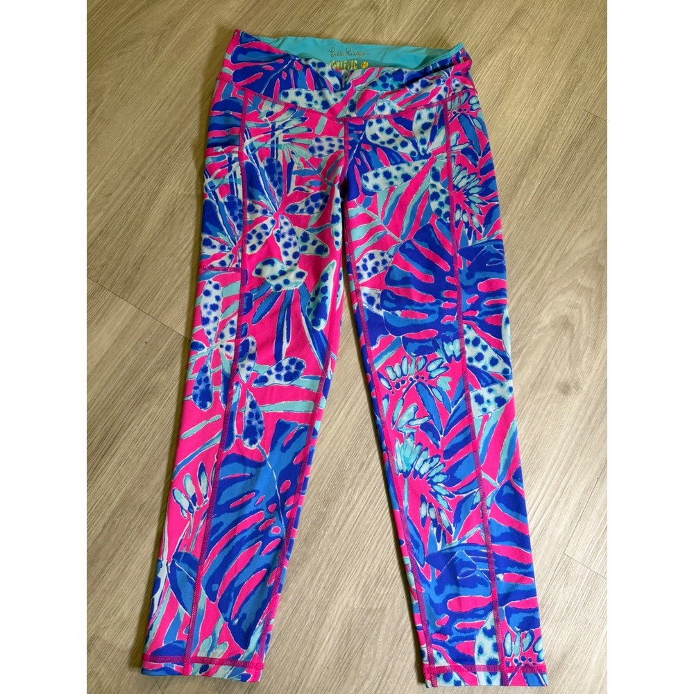 Lilly Pulitzer Luxletic Weekender Tropical Floral Leggings Pink Blue Women M