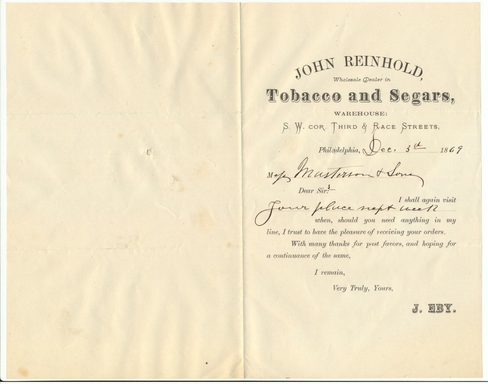 John Reinhold 1869 Philadelphia Wholesale Tobacco & Cigar Dealer Letterhead