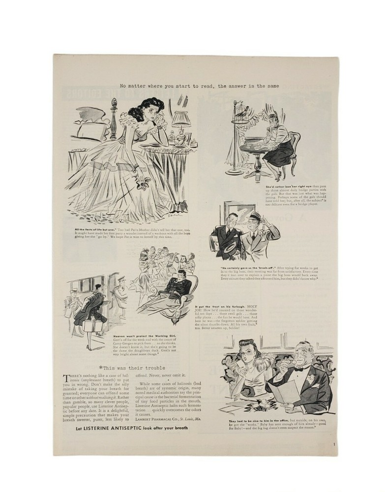 Vintage 1944 Listerine Antisepctic WWII Era Original Cartoon Print Ad