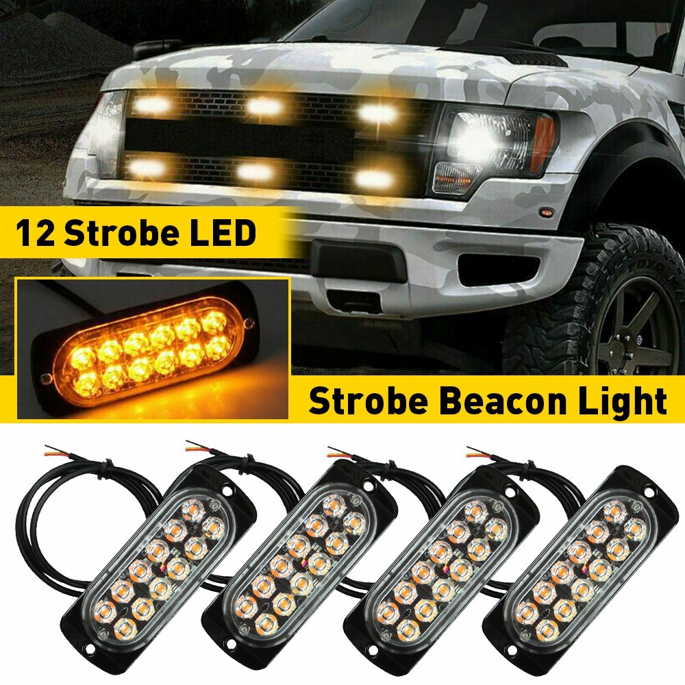 4PCS Car Truck Bumper Flash Strobe Light Lamp Yellow 12-LED Waterproof Parts 12V