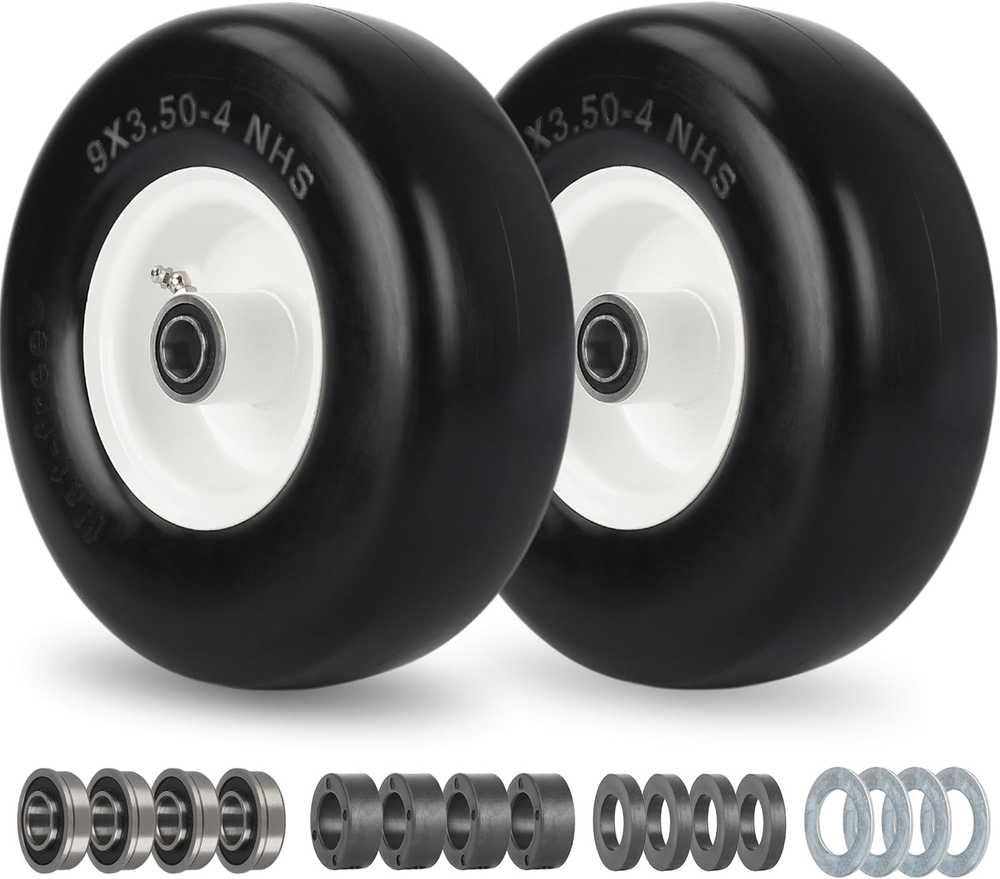9X3.50-4 Flat Free Lawn Mower Tire and Wheel, Smooth Tread Tire for Zero Turn Mo