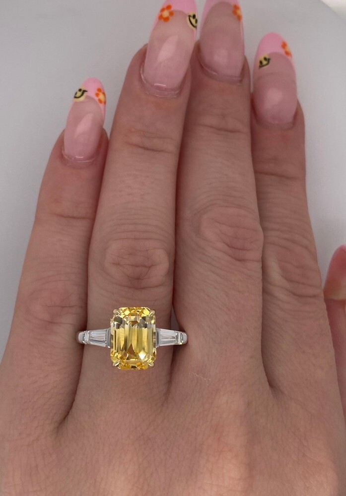 14K Solid White Gold Ring 5.10 Ct Emerald Cut Lab Grown Diamond Yellow Sapphire