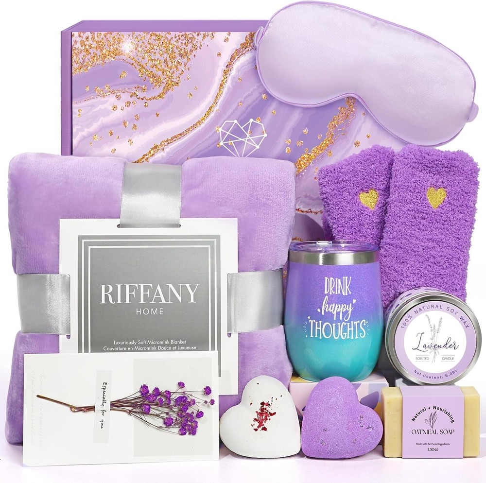 Luxury Lavender Spa Gift Basket with Flannel Throw - Perfect Birthday Gift for Her  