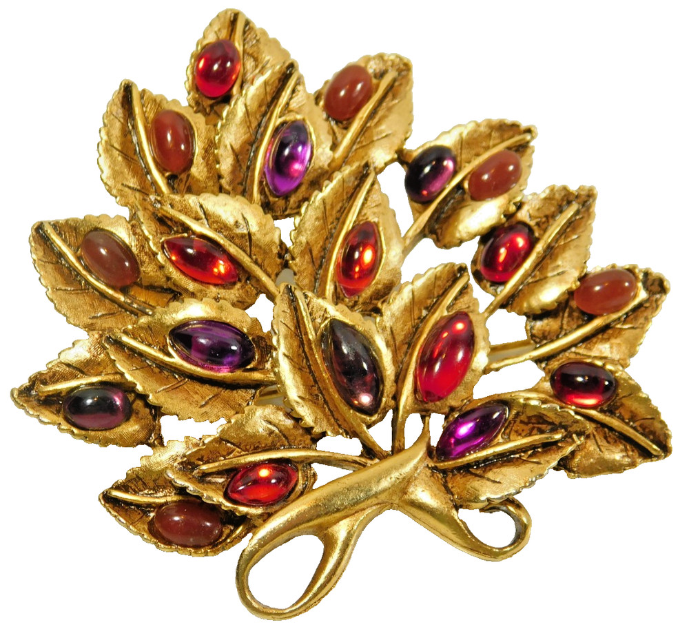 Vintage Oscar De La Renta Multicolor Glass Cabochon Leaves Spray Brooch Pin