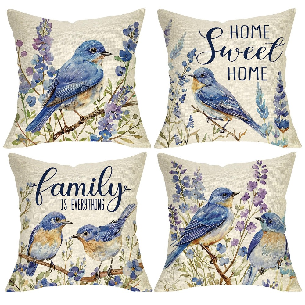 Spring Summer Bluebirds Decorative Throw Pillow Covers 18 x 18 Set of 4, Home...