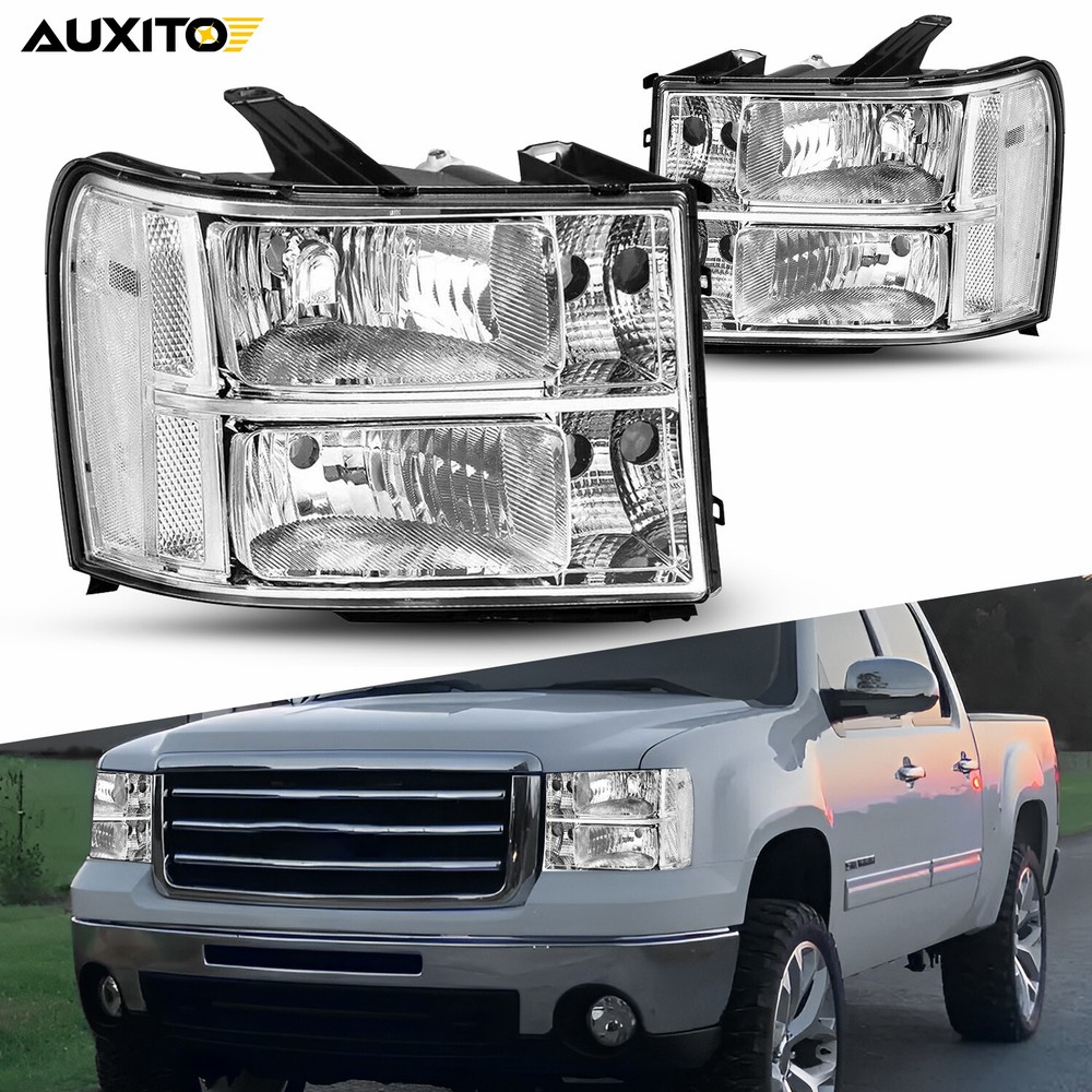 For 2007-2013 Sierra GMC 1500 2500 Chrome Headlights Replacement Pair(No B 12V