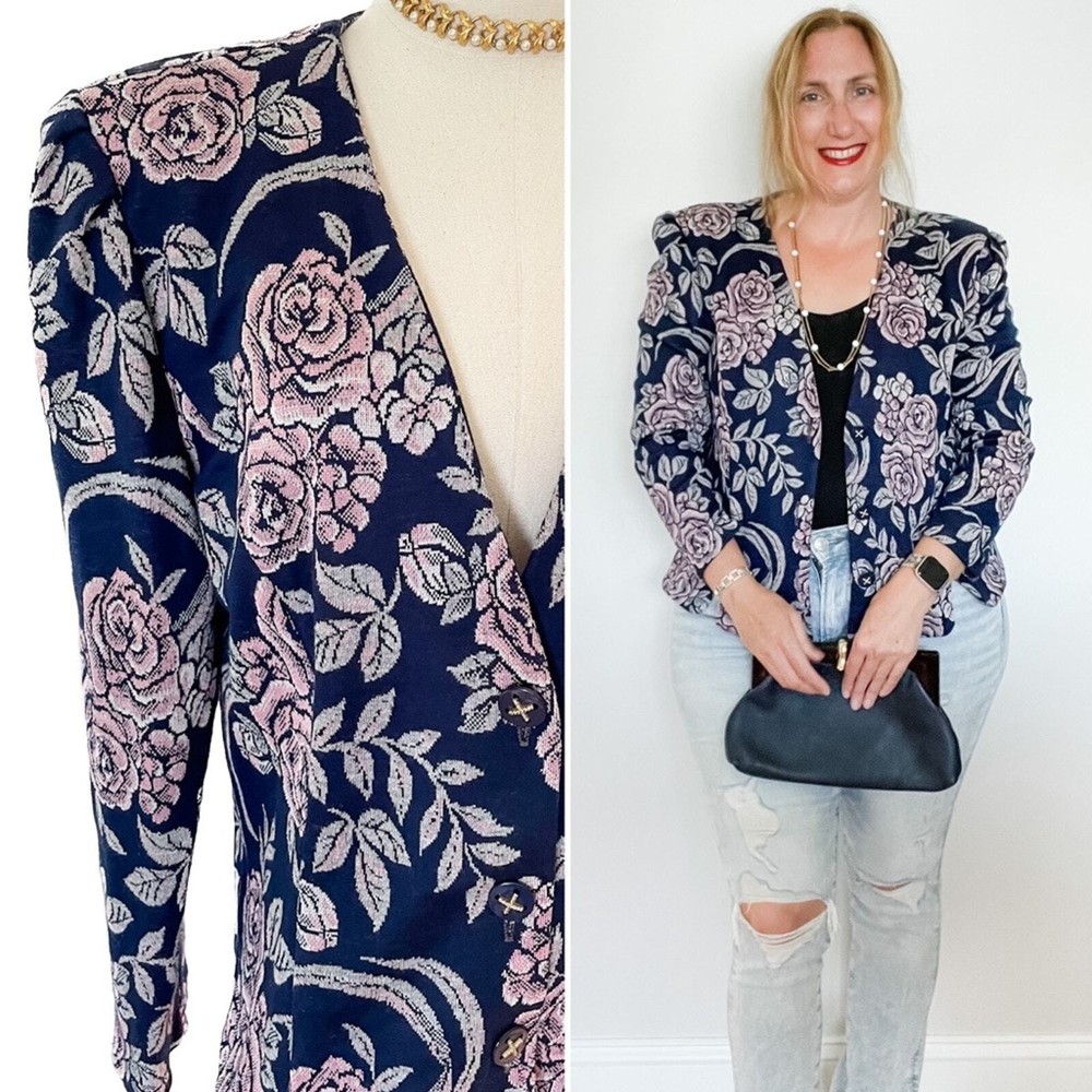 Vintage 80s floral lightweight knit tapestry jacket padded shoulder plus size 16