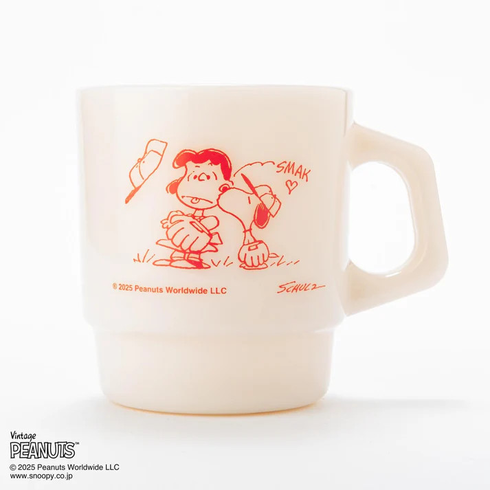 Fire-King Peanuts FIRST CHOICE Stacking Mug Snoopy Lucy Light Ivory Japan
