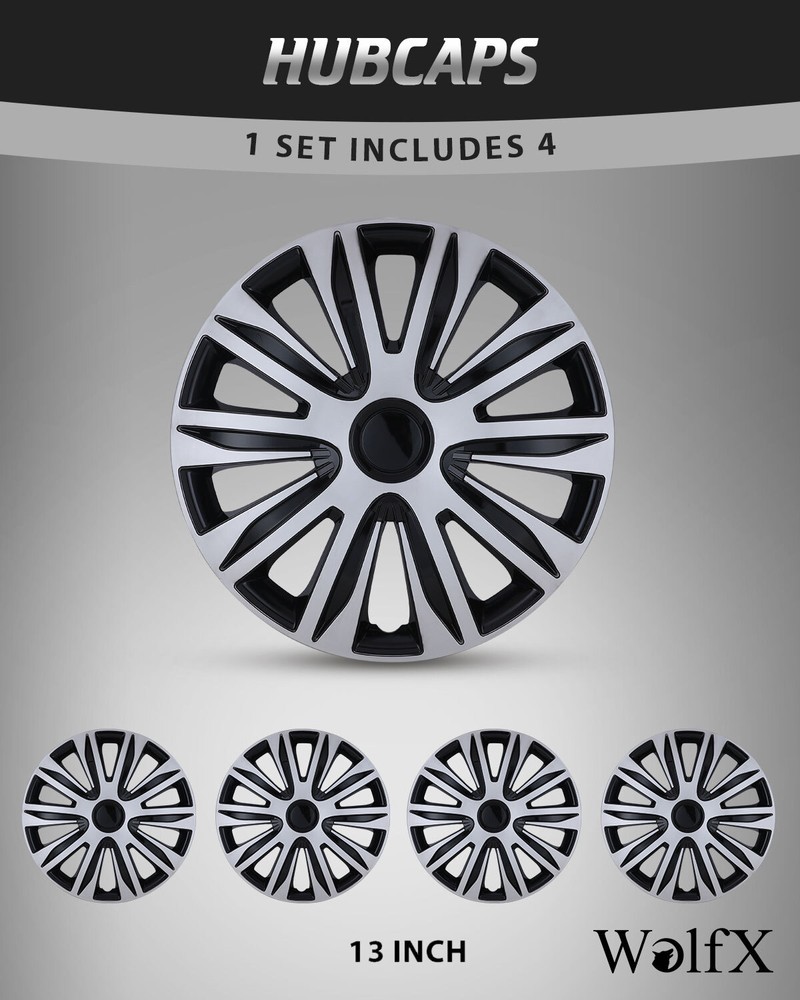 13-inch 4 Wheel Snap-On Hub Caps for R13 Steel Rims in Silver & Black