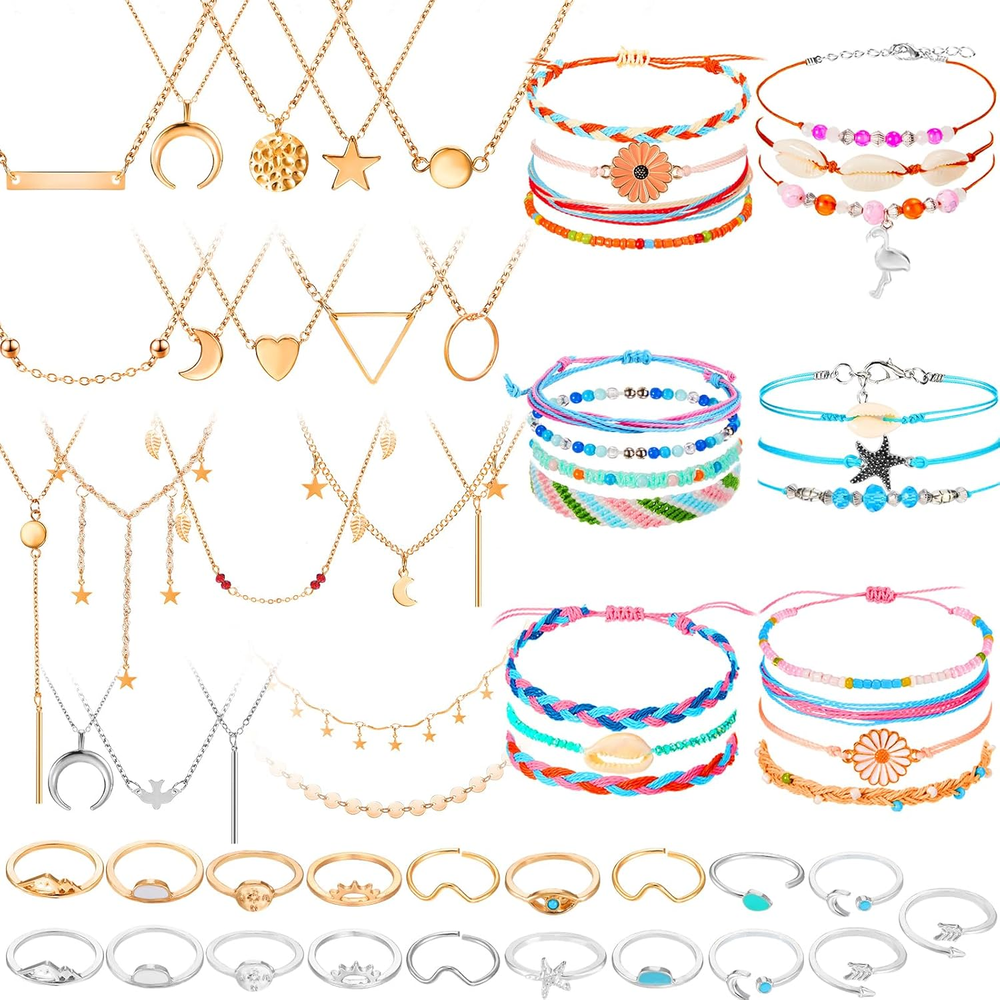 60-Piece Surfer Wave Christmas Friendship Bracelet & Layered Choker Necklace Set