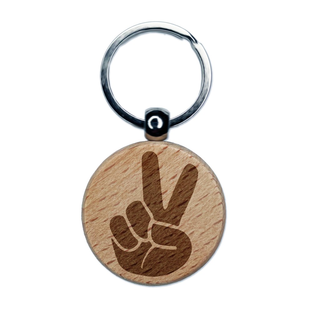 Peace Hand Sign Engraved Wood Round Keychain Tag Charm