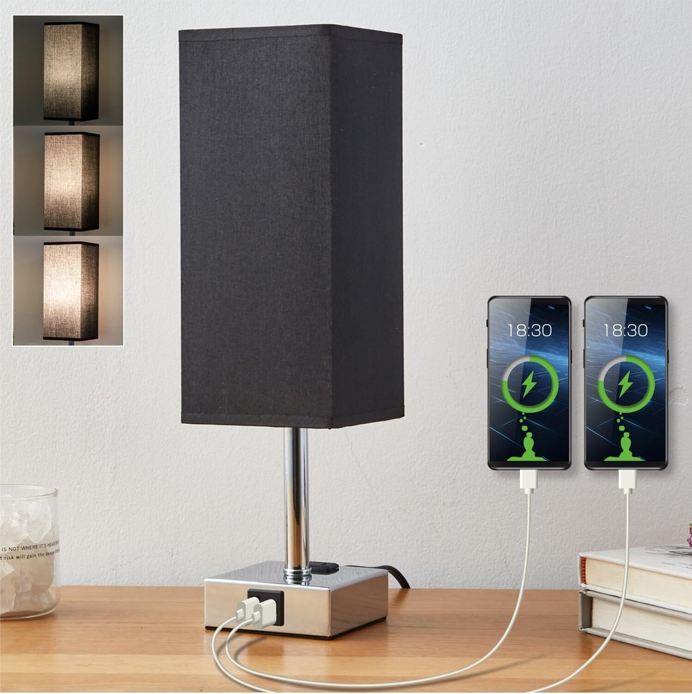 Square Dimmable LED Touch Lamp with Fabric Shade & USB Port Includes Bulb
