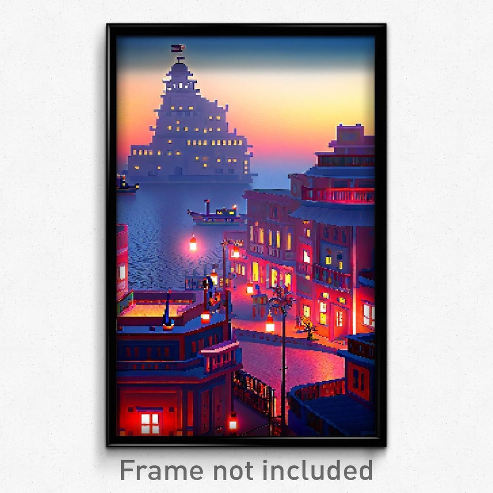 8 Bit Nautical Indian City Pixel Art Poster - Psychedelic Video Game Print