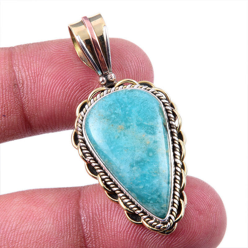 Amazonite Gemstone 925 Sterling Silver Two-Tone Pendant 1.75 Inch