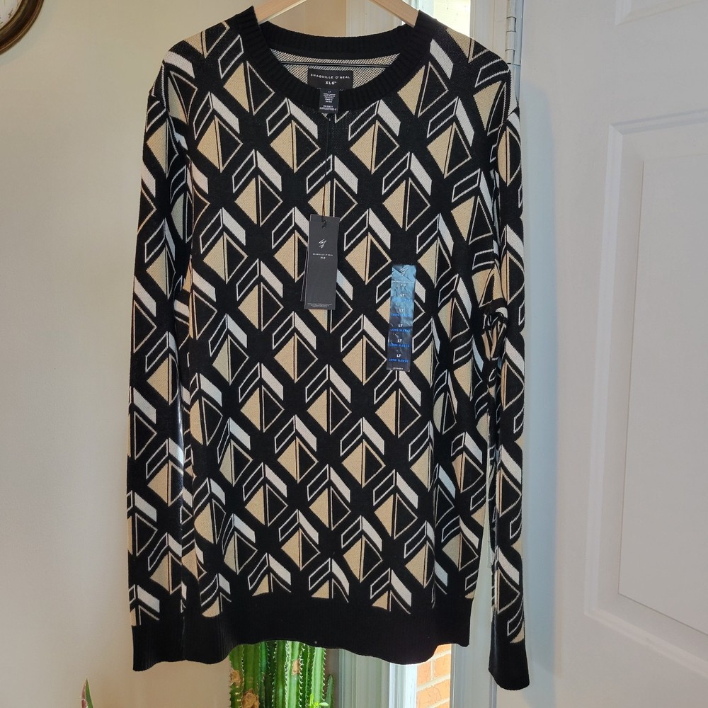 NWT Shaquille O'neal Chevron Printed Heavy Black/Cream Sweater, Size L Tall