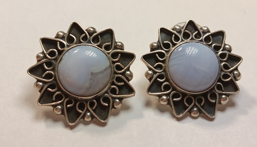 Vintage CII 925 Sterling Silver Mexico Blue Lace Agate Sunburst Earrings for Women