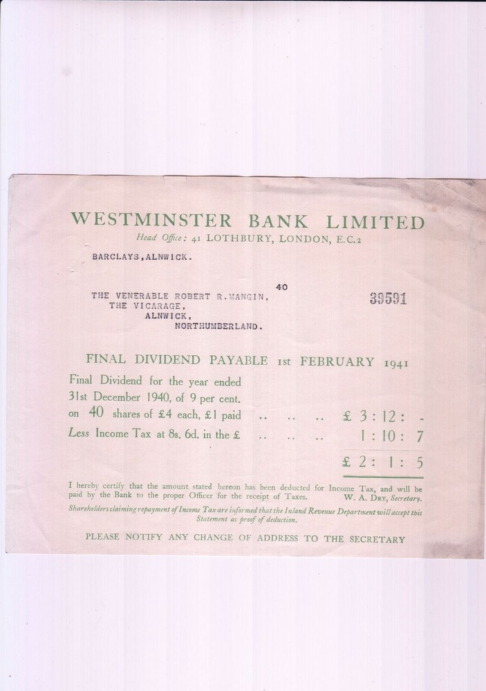 WESTMINSTER BANK LIMITED, Lothbury, London 1941 Final Dividend Voucher Ref 48122-image