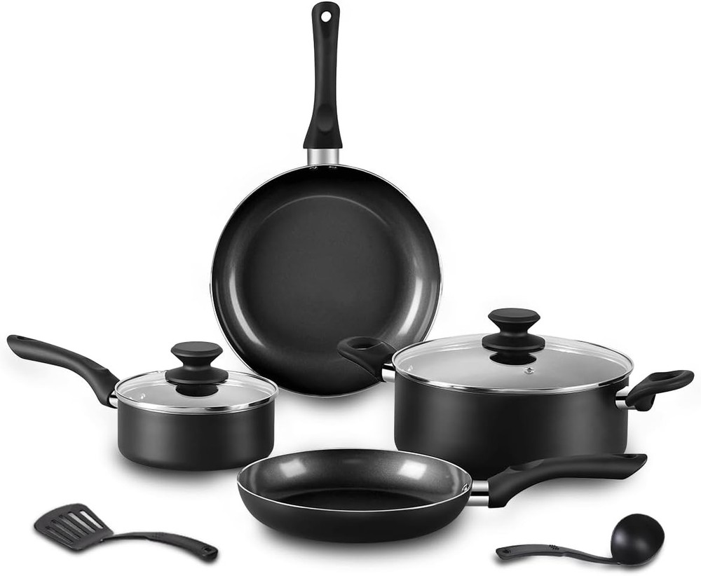 8pcs Black Ceramic Pots and Pans Set, Cooking Pan Cookware,