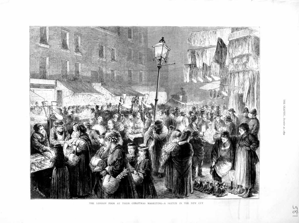 Original Old Antique Print 1872 London Poor People Christmas Sale Market Scene-image