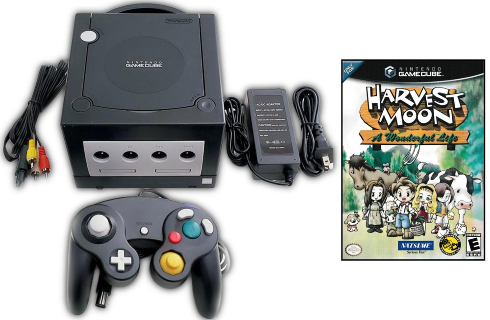 Vintage Nintendo GameCube Black  System Console DOL-001 Harvest Moon Game Bundle