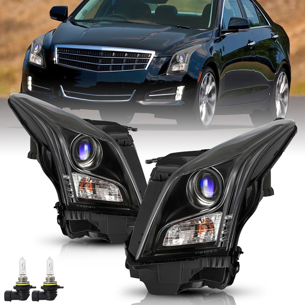 Pair LED Black Headlights Assembly For 2013-2018 Cadillac ATS Headlamps w/Bulbs
