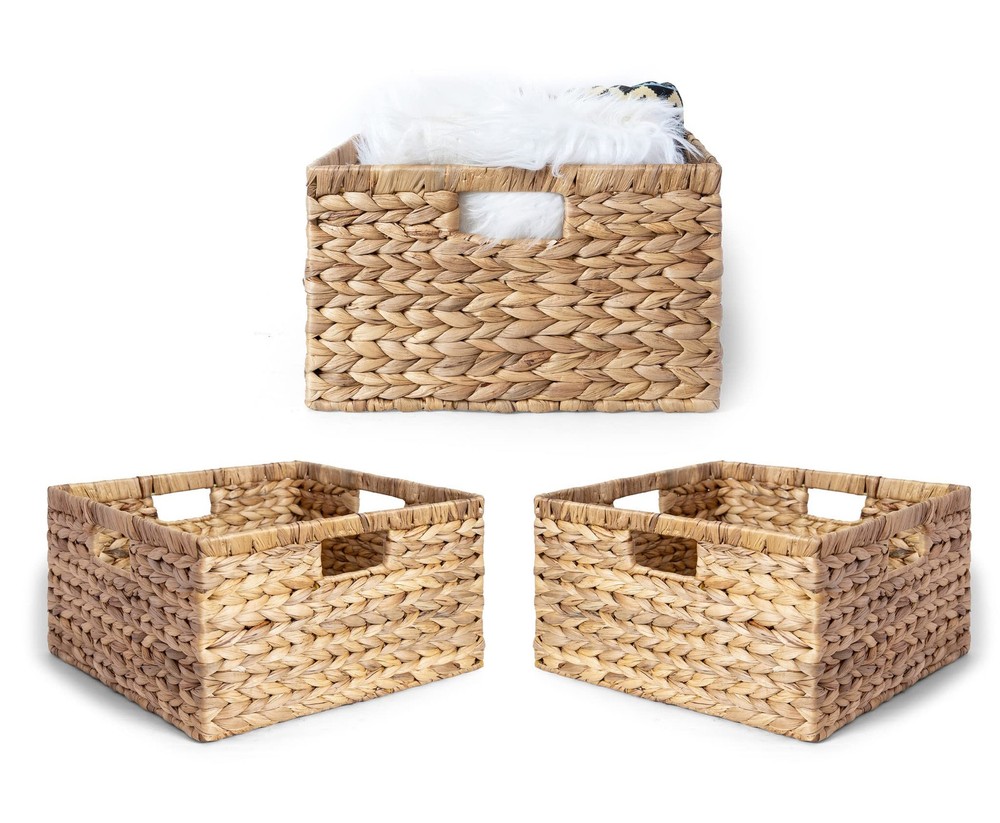 Extra Large Natural Water Hyacinth Woven Storage Basket Set of 3 - 14.5 x 13.5 x 8 Inches