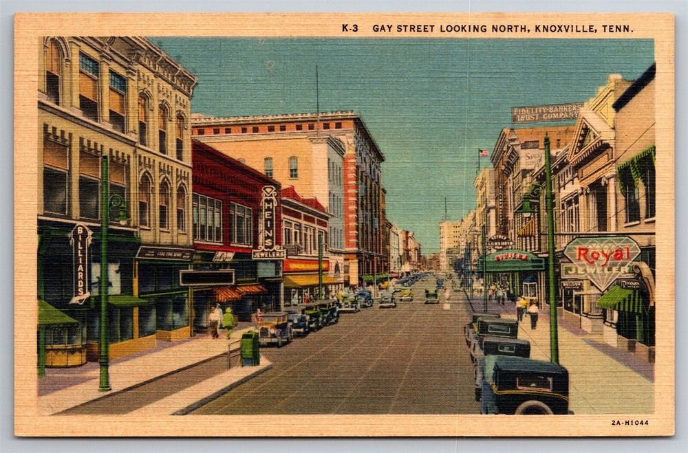 Gay Street Looking North Jewelers Billiards 1940's Cars Knoxville TN Postcard T7
