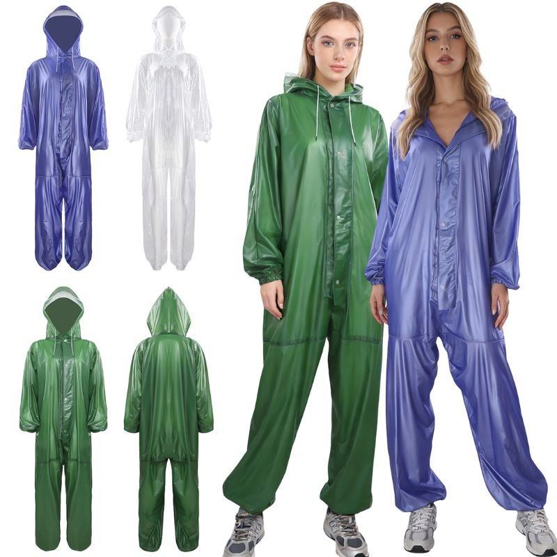 Unisex Adults Raincoat Hooded Jumpsuit Bodysuit Workwear Outdoor Rainwear
