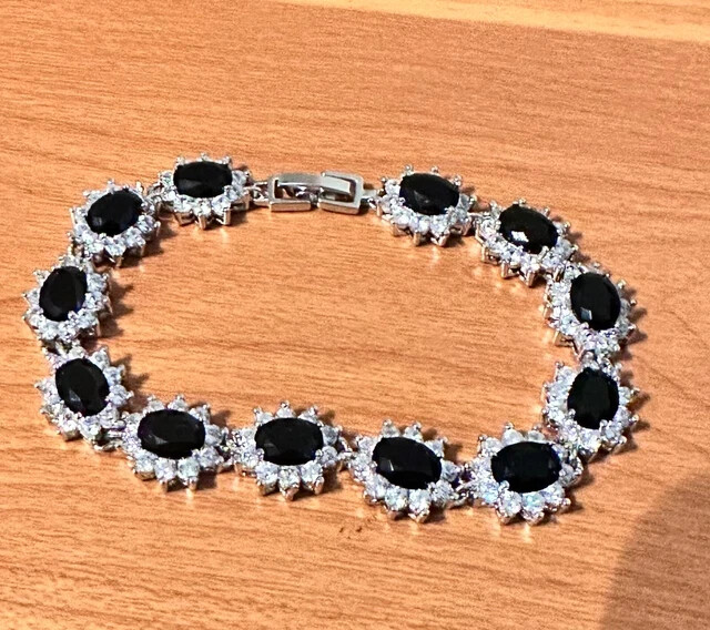20Ct Oval Lab Black Diamond Tennis Bracelet 14K White Gold Plated 7.5 Inches