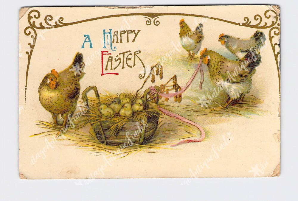 Holiday Postcard Happy Easter Hens With Basket Of Chicks Pink Ribbon