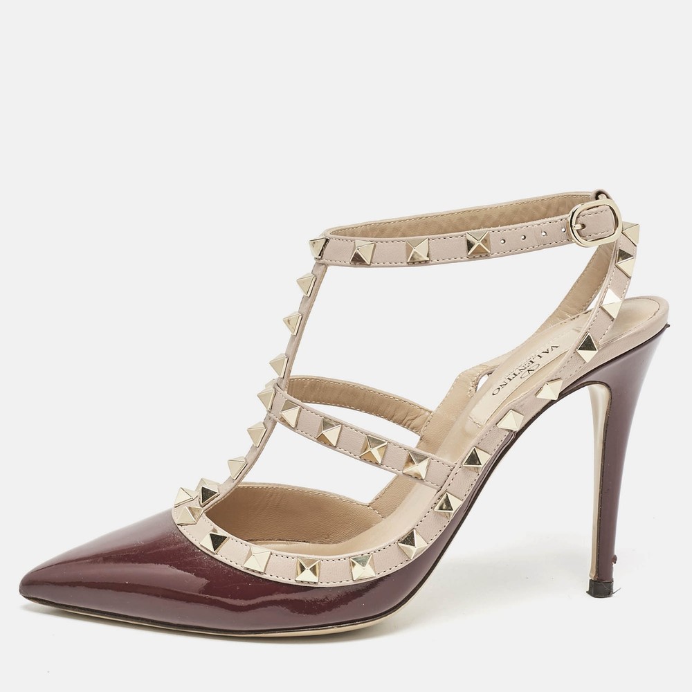 Valentino BurgundyBeige Patent Leather and Leather Rockstud Caged Ankle Strap