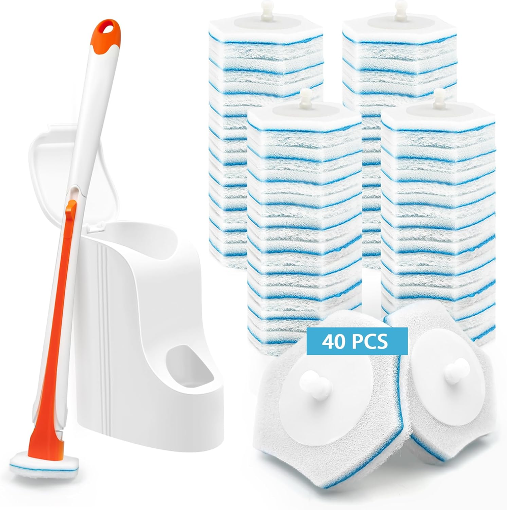 Disposable Toilet Bowl Cleaner Wand with 40 Cleaner Refills, Wall Mounted Long H