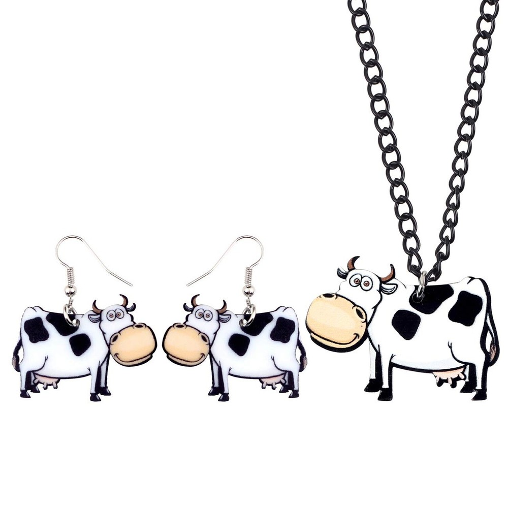 DUOWEI Acrylic Cute Milk Cow Jewelry Sets Drop Earrings Pendant Necklace Farm...
