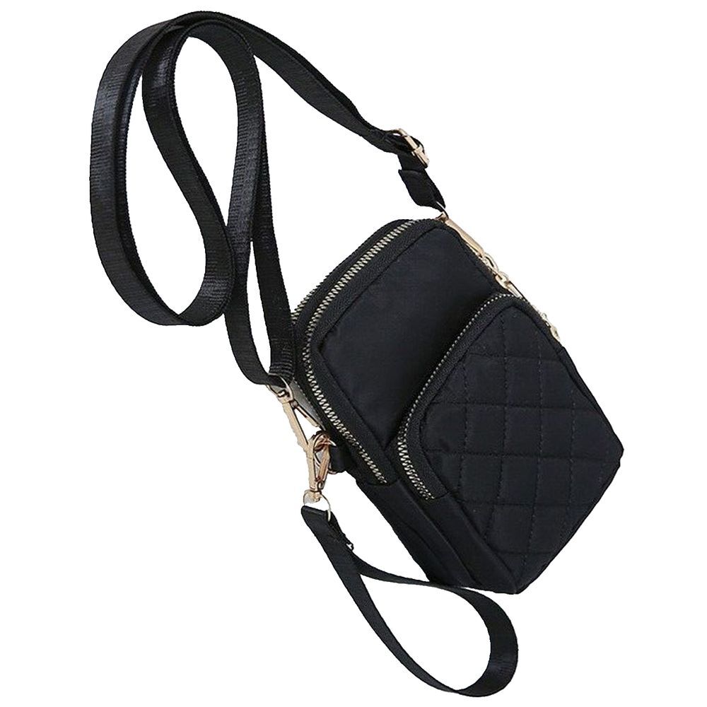 Quilted Black Nylon Crossbody Phone Bag with Adjustable Strap