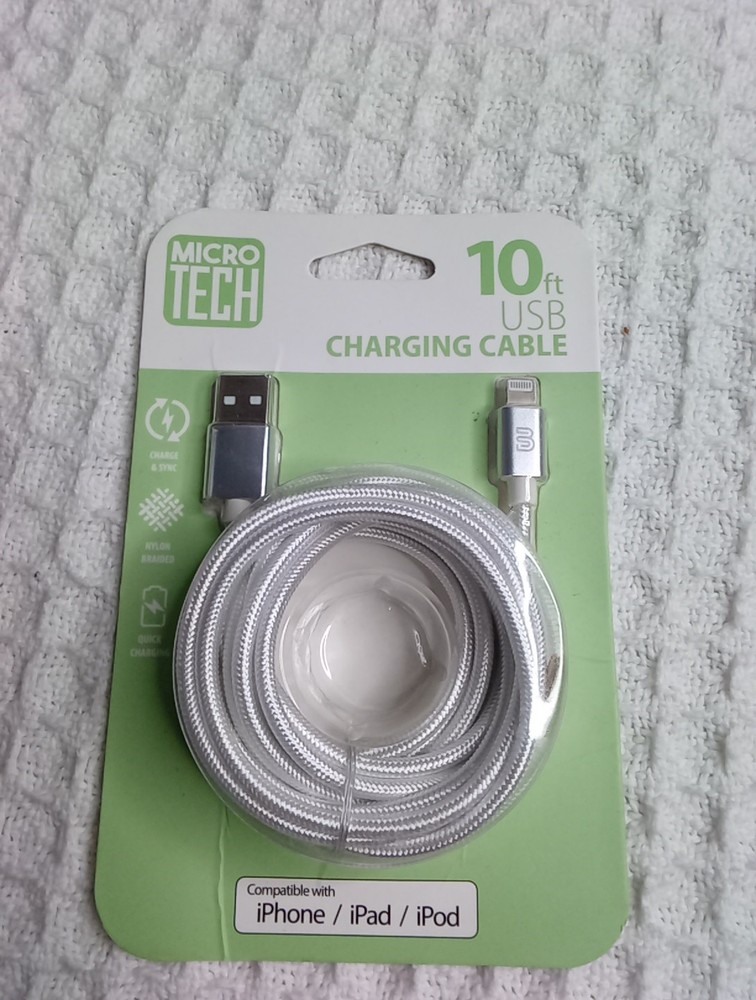 Micro Tech iPhone iPad iPod 10-ft Charging Cable  Nylon Braided White - NEW