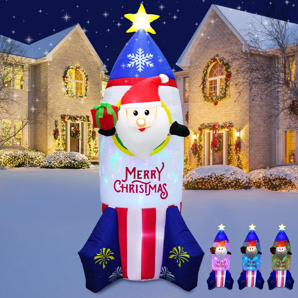 7.2 FT Christmas Inflatable Santa Ride Rocket Decoration Blow up LED Light Decor