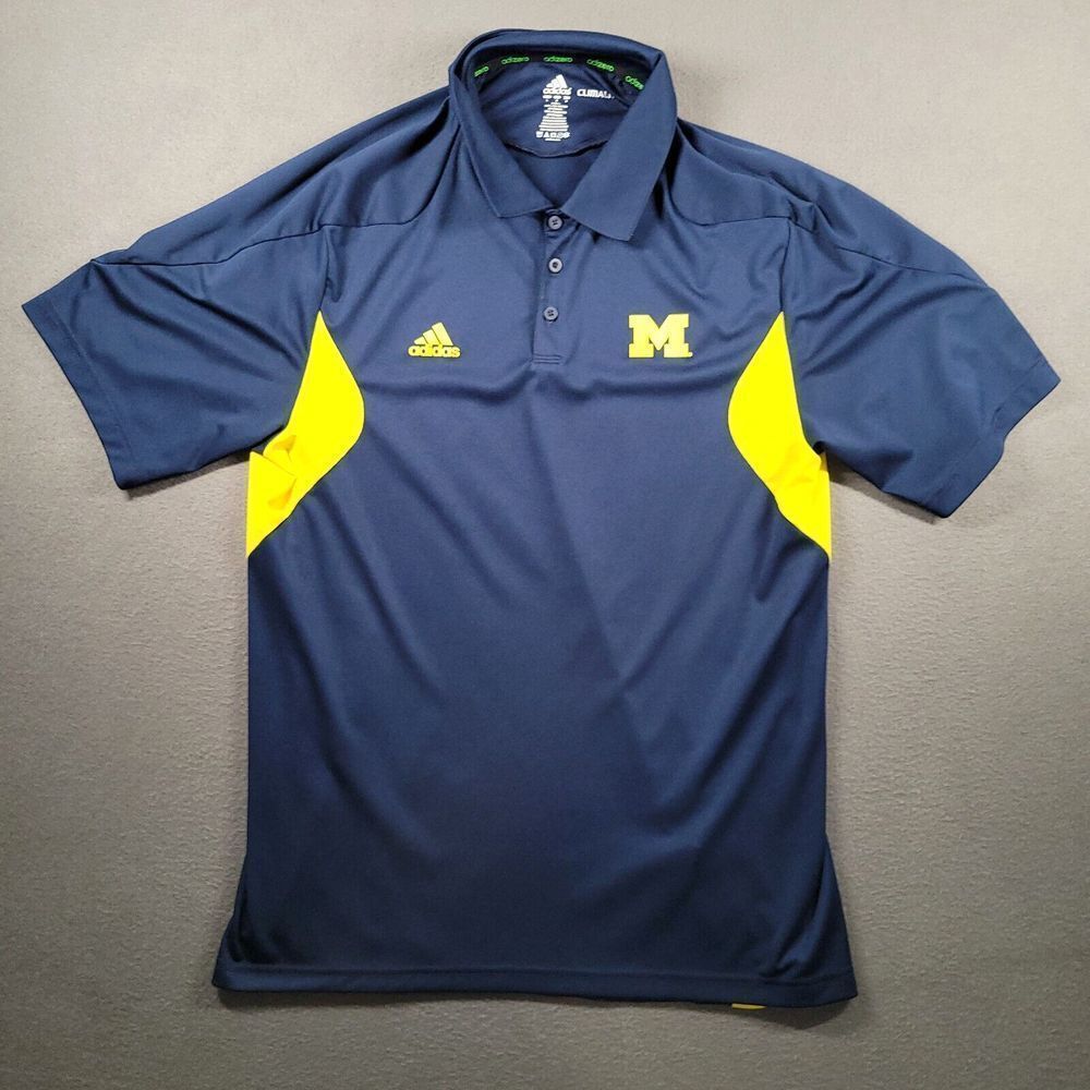 Michigan Wolverines Adidas Polo Shirt Mens L Blue Yellow Climalite  NCAA