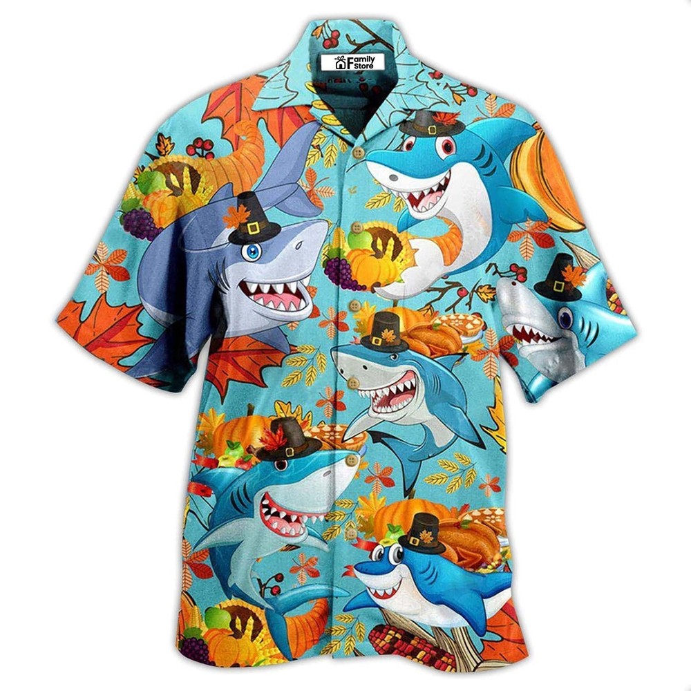 Shark Thanksgiving Funny Hawaiian Shirt for Men in US Size - Summer Style Design NEW